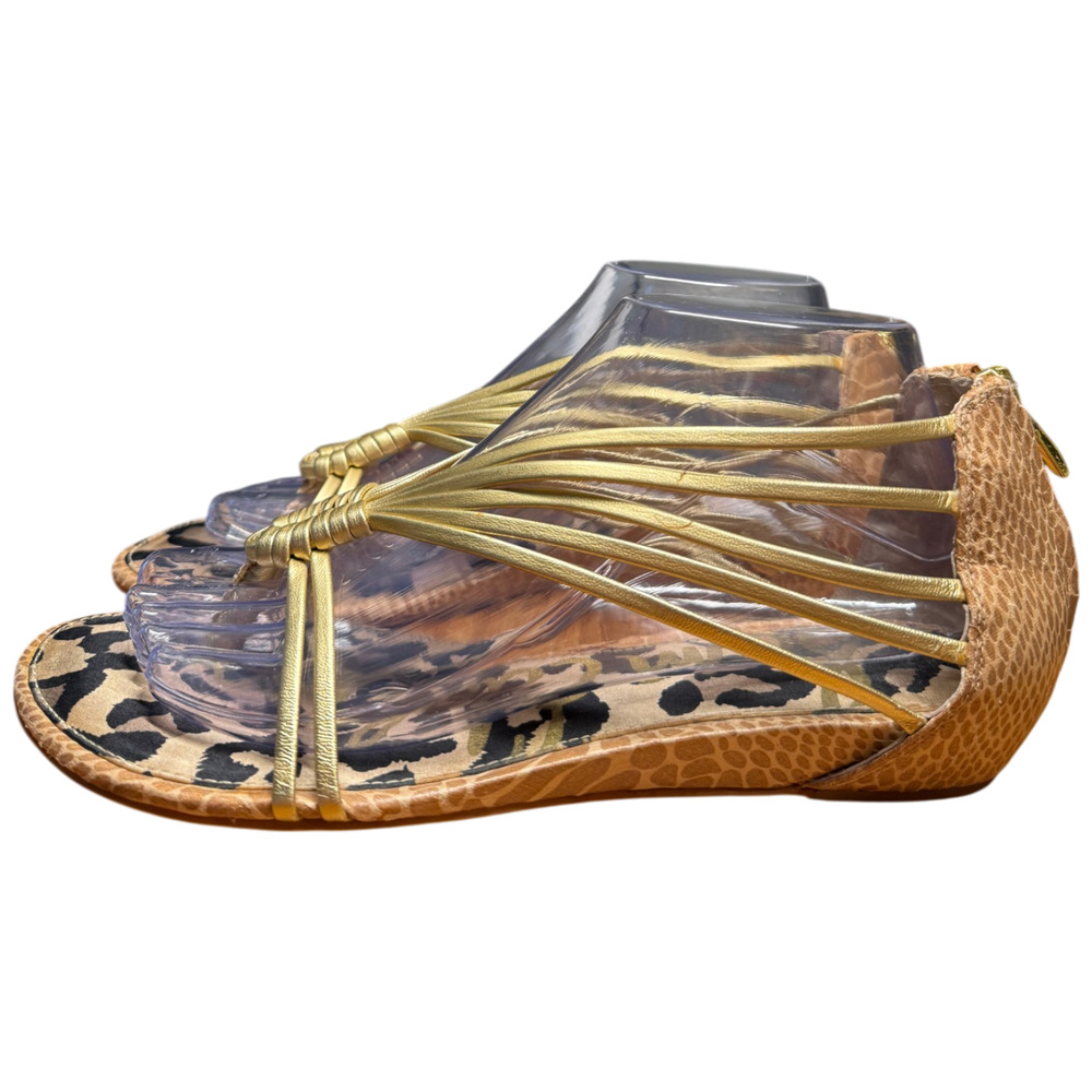 SAM EDELMAN Eva Women's 8.5 Gold Strappy Leather Zip Sandals Thong Leopard Shoes